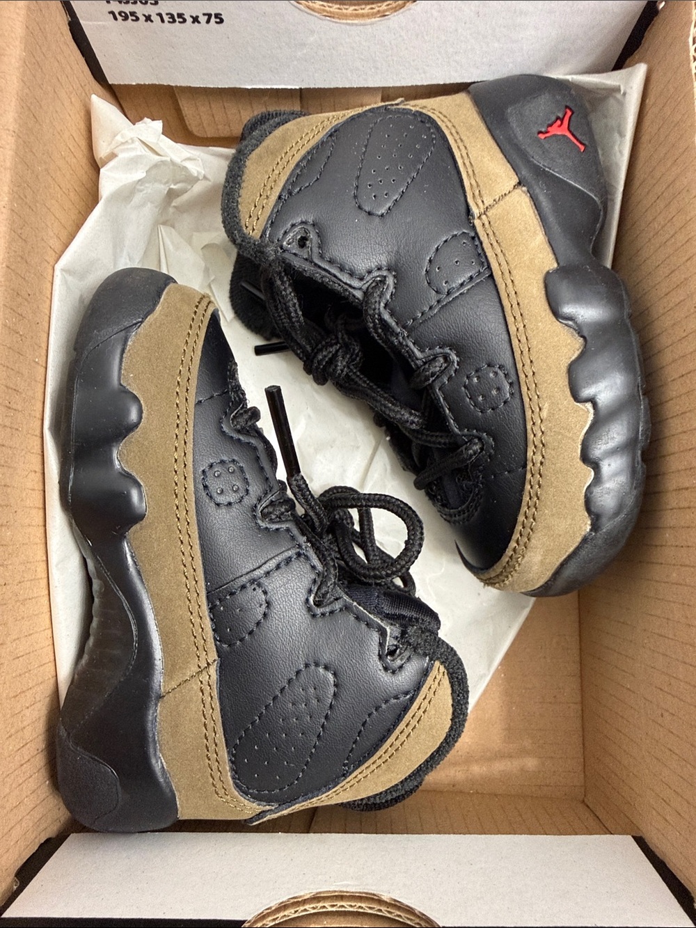 Jordan 9 Black and Olive Sneakers with Red Jumpman size 4C
